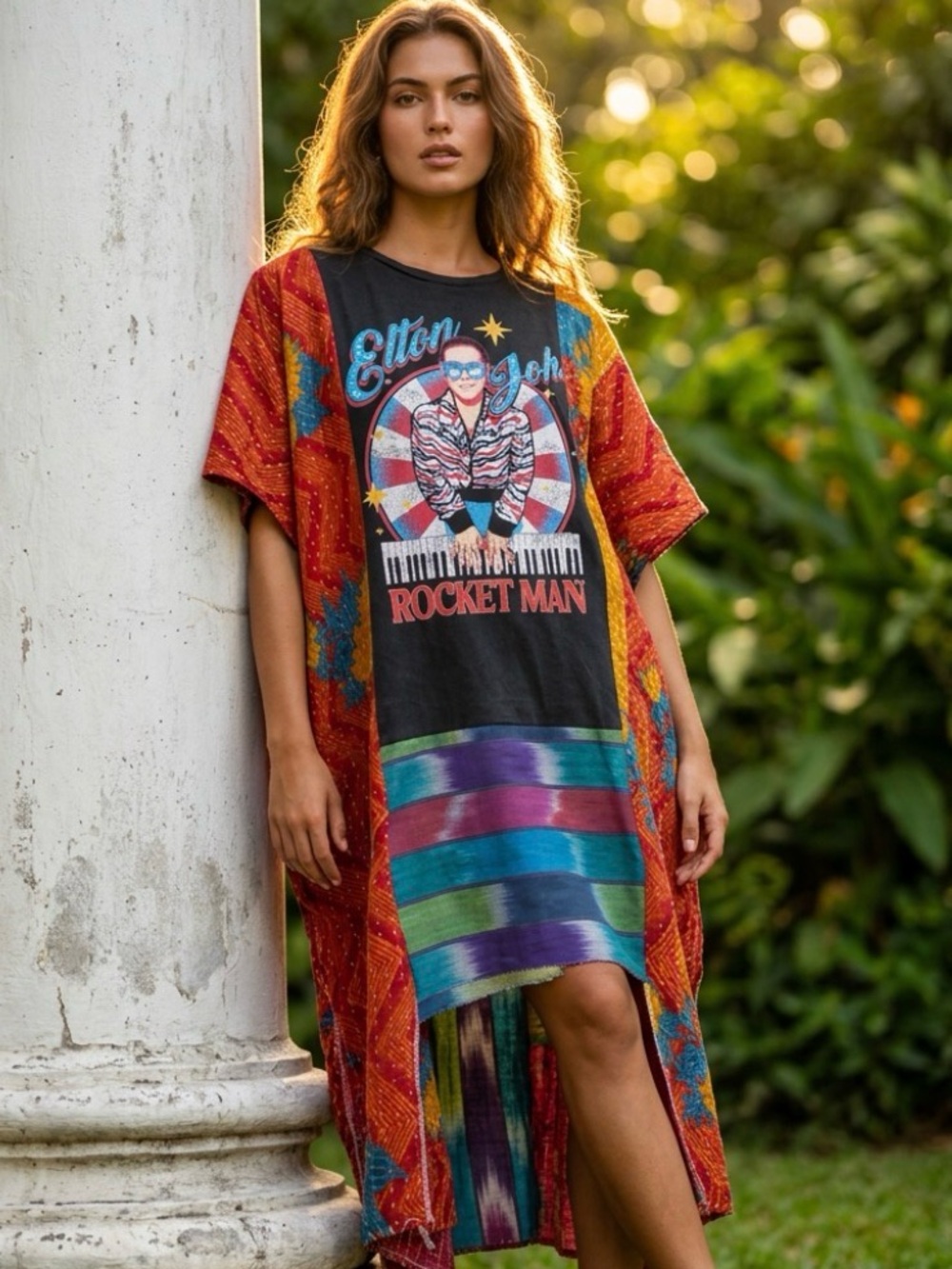 Elton John Rocket Man Graphic Upcycled Dress with Kantha PTP 36 L 43 small-4xl